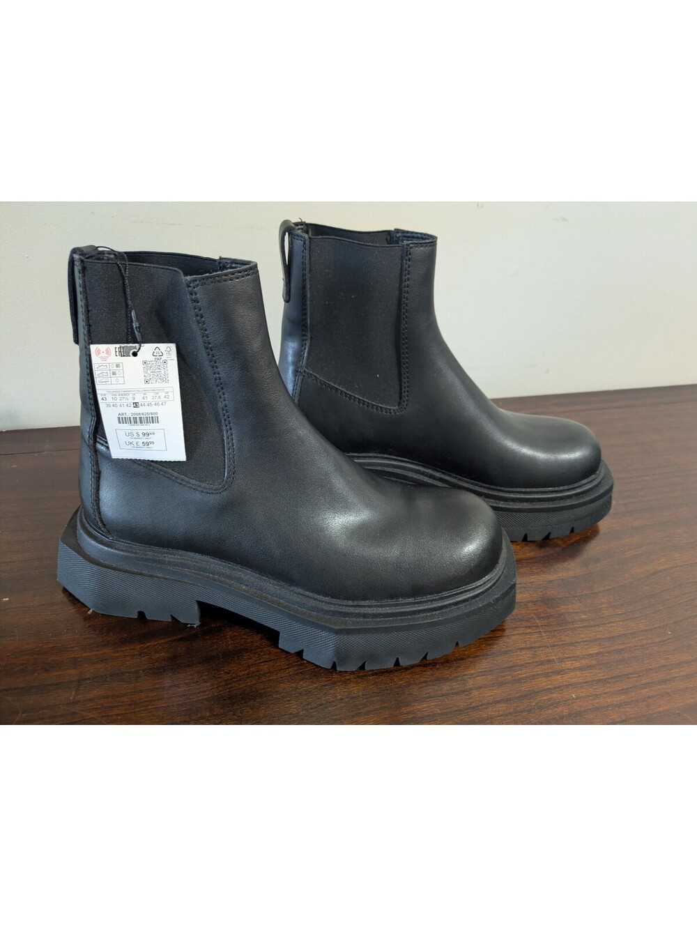 Zara Black Leather Chunky Chelsea Boots - Size Men's 10 - New